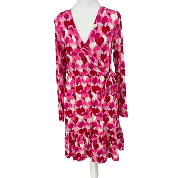 Draper James Dresses & Skirts - Draper James RSVP Pink Heart Print Wrap Dress Small Ruffle Hem Long Sleeve
